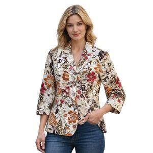 Le Suit Women's Floral Print Linen Blazer  Button Front Office Jacket Sz 14